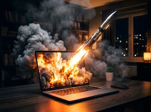 Laptop computer exploding with rocket launch and fire explosion computer