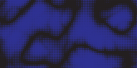 Fototapeta premium Abstract dark blue and black halftone dot pattern background featuring wavy, organic liquid or topographic contour shapes.