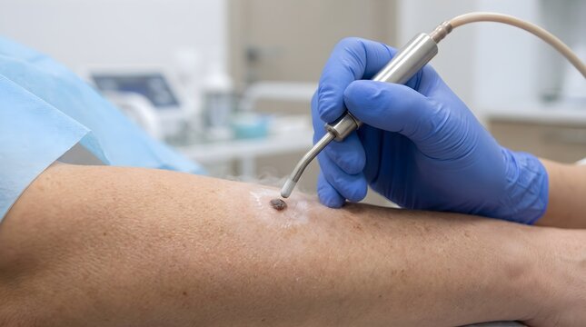 Dermatologist Performing Cryotherapy Treatment on Patient Skin Lesion
