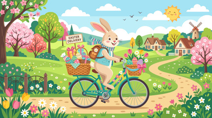 Naklejka premium A rabbit rides a bicycle down a winding path through a blooming flower garden on a sunny day with trees and houses.