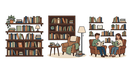 Cozy Reading Nooks: Bookshelves, Armchairs, and People Enjoying Books © udin