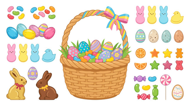 Easter bunny and rabbits hold candy filled eggs in a basket