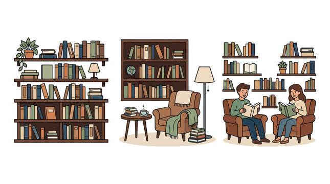 Cozy Reading Nooks: Bookshelves, Armchairs, and People Enjoying Books