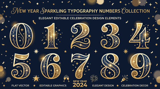 Elegant gold typography numbers collection on dark background with sparkles