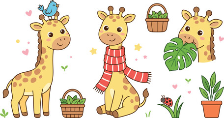 Naklejka premium Cute Cartoon Giraffe Character Vector Set Featuring Happy Baby Giraffes with Blue Bird Red Scarf Eating Monstera Leaf and Garden Basket Elements