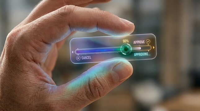 Human hand holding transparent glass rectangle interface progress bar with ninety percent approval status and blue light.
