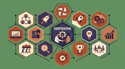 Flat Design Vector Illustration of Business Cooperation Network with Hexagonal Icons: Handshake, Rocket, Puzzle, Gears, Lightbulb, Trophy, Meeting © Fannyy