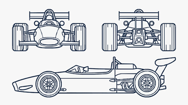 Classic Formula One Racing Car Line Drawing.