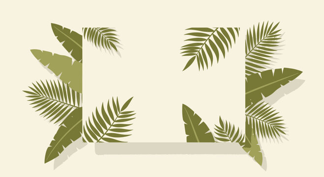 Tropical leaves frame with shadows, empty space for text, green foliage