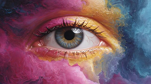 Close up of a highly detailed realistic human eye blinking surrounded by vibrant abstract impasto oil painting textures in pink yellow and blue