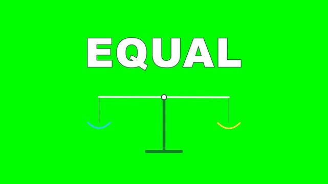 4K green screen EQUAL animated title - a tilting scale rocks and settles level as weights match, kinetic typography motion graphics intro overlay, chroma key