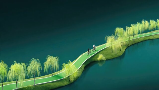 Growth mindset concept showing cyclists exploring new horizons on a winding path toward continuous learning and career development