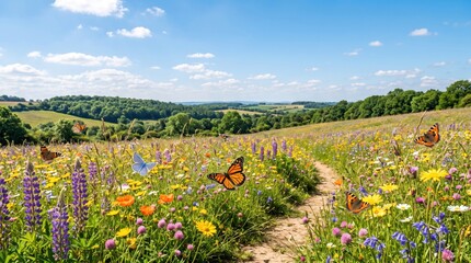 Obraz premium Colorful Wildflower Meadow with Butterflies Flying Under Blue Sky