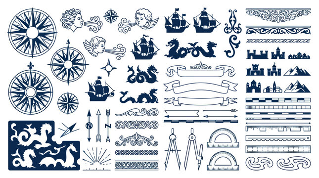 Nautical Vintage Elements: Compass, Ships, Dragons, Borders, Cartography Tools