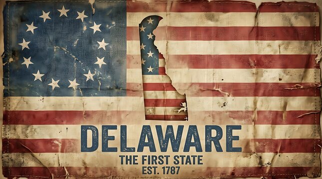 Vintage delaware state map silhouette on distressed american flag