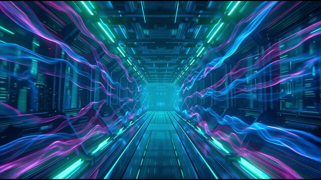 Digital Data Center Tunnel with Energy Waves. 4K Video