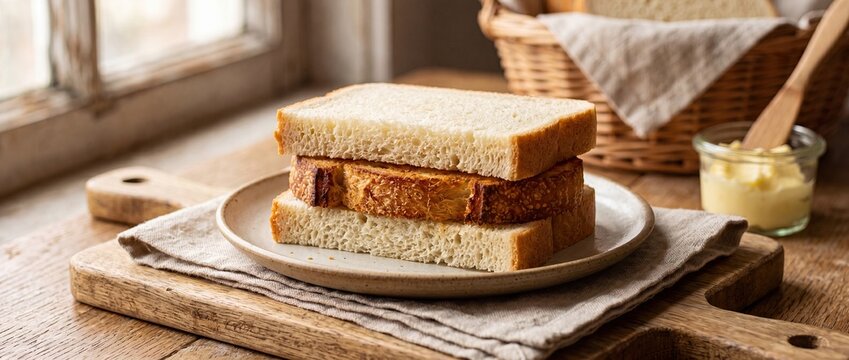Golden Toast Between Fresh Sandwich Bread Slices