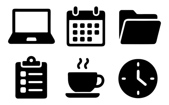 Set of 6 office workspace glyph icons including laptop calendar folder clipboard coffee and clock for daily productivity