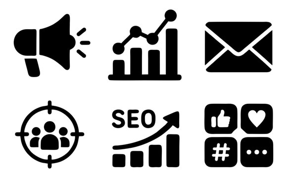 Set of 6 digital marketing glyph icons with megaphone analytics email audience SEO and growth metrics