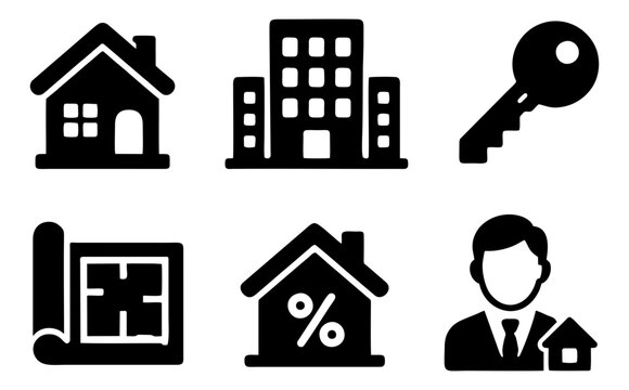 Set of 6 real estate property glyph icons including house building key blueprint mortgage and agent