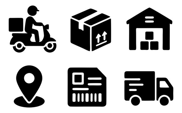 Set of 6 logistics delivery glyph icons with warehouse package truck shipping location and inventory