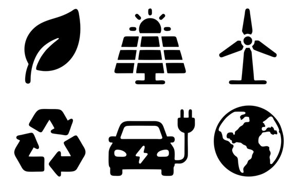 Set of 6 renewable energy solar wind recycling glyph icons for modern application interfaces