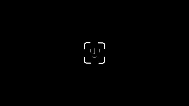 A minimalist representation of a facial recognition system scanning a face with a smiling emoji within the scan frame on a dark black background with subtle white square brackets indicating the