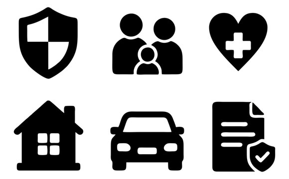 Set of 6 insurance protection glyph icons featuring shield family health home vehicle and secure document symbols