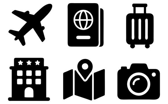 Set of 6 travel tourism airplane passport luggage glyph icons for modern application interfaces