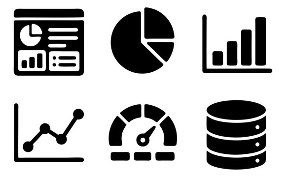 Set of 6 analytics dashboard chart report database glyph icons for modern application interfaces