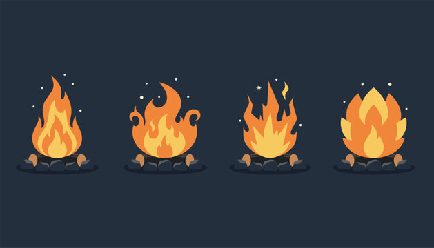 Four different styles of campfire illustrations on a dark background showing burning logs, rocks, and sparks.