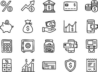 Fototapeta premium Financial investment and banking hand drawn vector icons with investment business currency