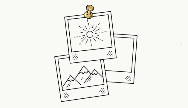 Stack of three polaroid photo frames pinned together with a gold pushpin featuring simple hand-drawn sketches.