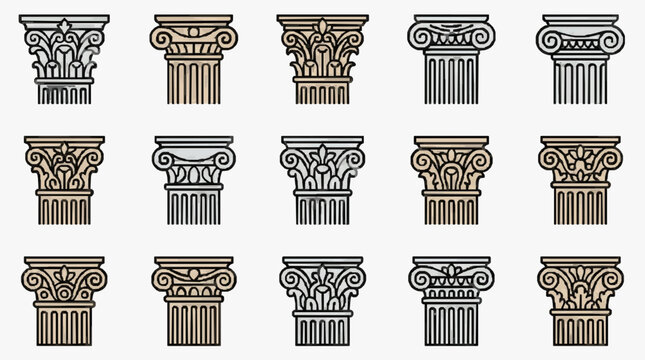 Dynamic Collection of Intricate Black and White Classical Corinthian Ionic and Doric Column Capitals Illustrations