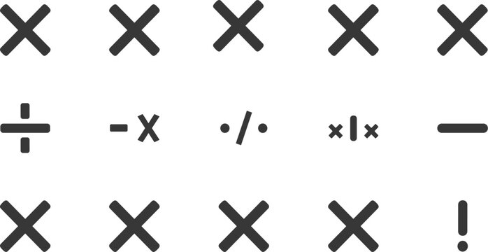 Minimalist Mathematics and User Interface Icon Set Featuring Black Arithmetic Cross Division Minus and Exclamation Mark Symbols for Web Design and App Interfaces