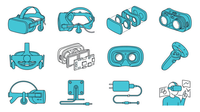 Isometric virtual reality hardware and equipment icons