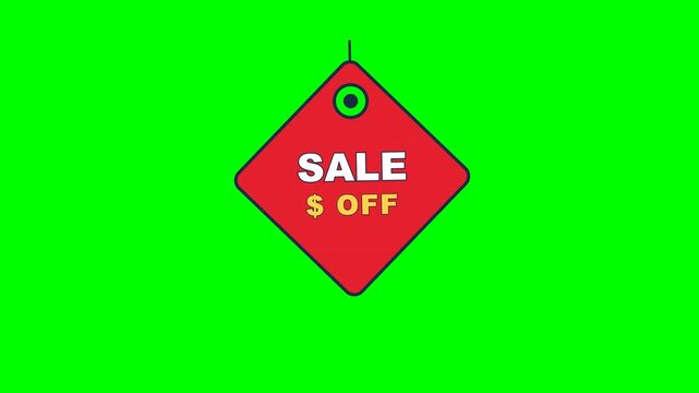 4K green screen PRICE TAG sale badge - a red price tag swings on a string reading sale, animated promo discount banner overlay for marketing and e-commerce, chroma key