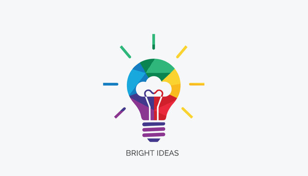 Colorful polygonal lightbulb logo with a cloud symbol inside and the words bright ideas below it on a grey background.