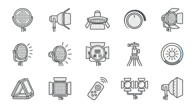 Professional camera flash and studio lighting accessory icons.