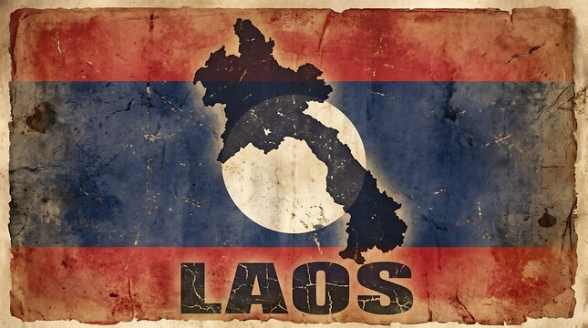 Distressed laos flag with country map silhouette and text overlay