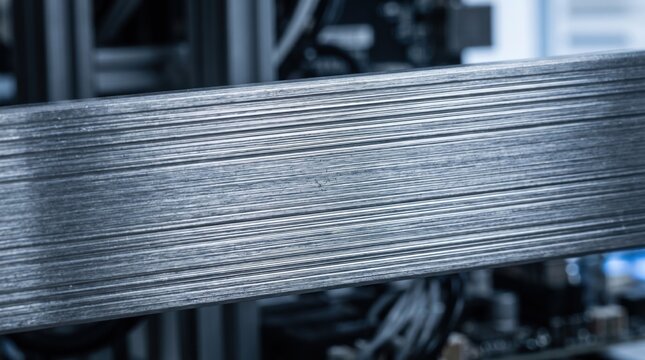 Closeup of a stack of thin metal sheets on an industrial machine background