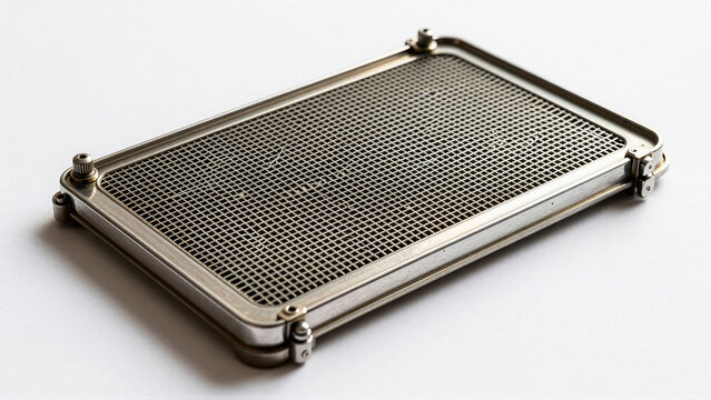 Industrial metal mesh filter screen component on white background