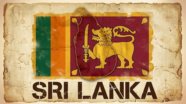 Sri lanka flag and map overlay on aged parchment paper background