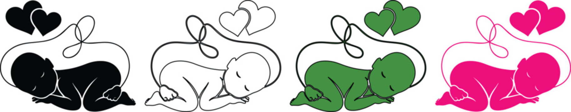 Newborn Baby Vector Icons, a set of 4 minimalist infant silhouettes with umbilical cord and hearts, representing birth, love, and maternity, perfect for baby shower invitations or pregnancy