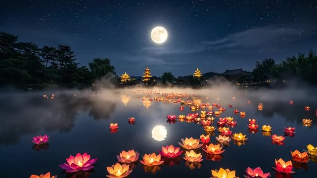 Floating Lanterns on Water Under Full Moon and Starry Night Sky