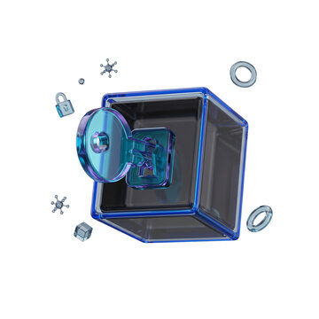 3D AI automation cube with glowing blue digital interface and floating data security icons on transparent background