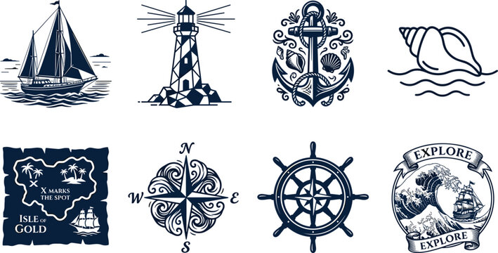 Nautical and maritime vector icon set featuring sailboat lighthouse anchor compass rose treasure map and ship wheel