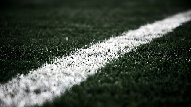 Close up of a white diagonal sideline marking on dark green grass field