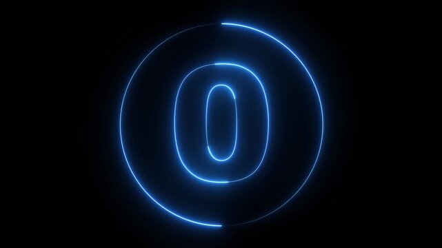 Blue neon number two glowing inside circle frame box. Neon number two symbol for technology system countdown launch. Animated numeral digit graphic.