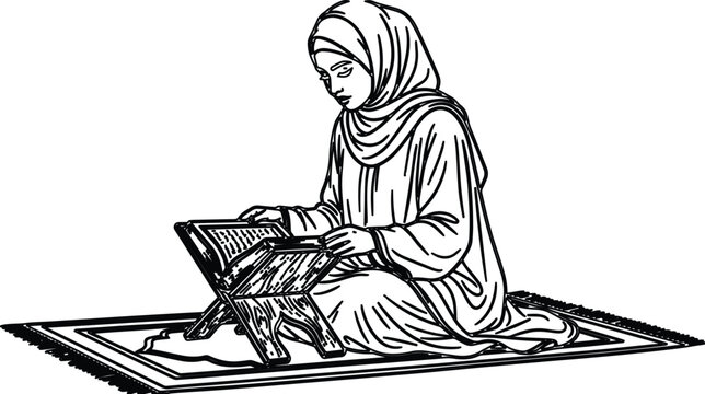 Muslim woman reading Quran, Islamic prayer time, religious devotion, black and white vector illustration for spiritual content and cultural designs